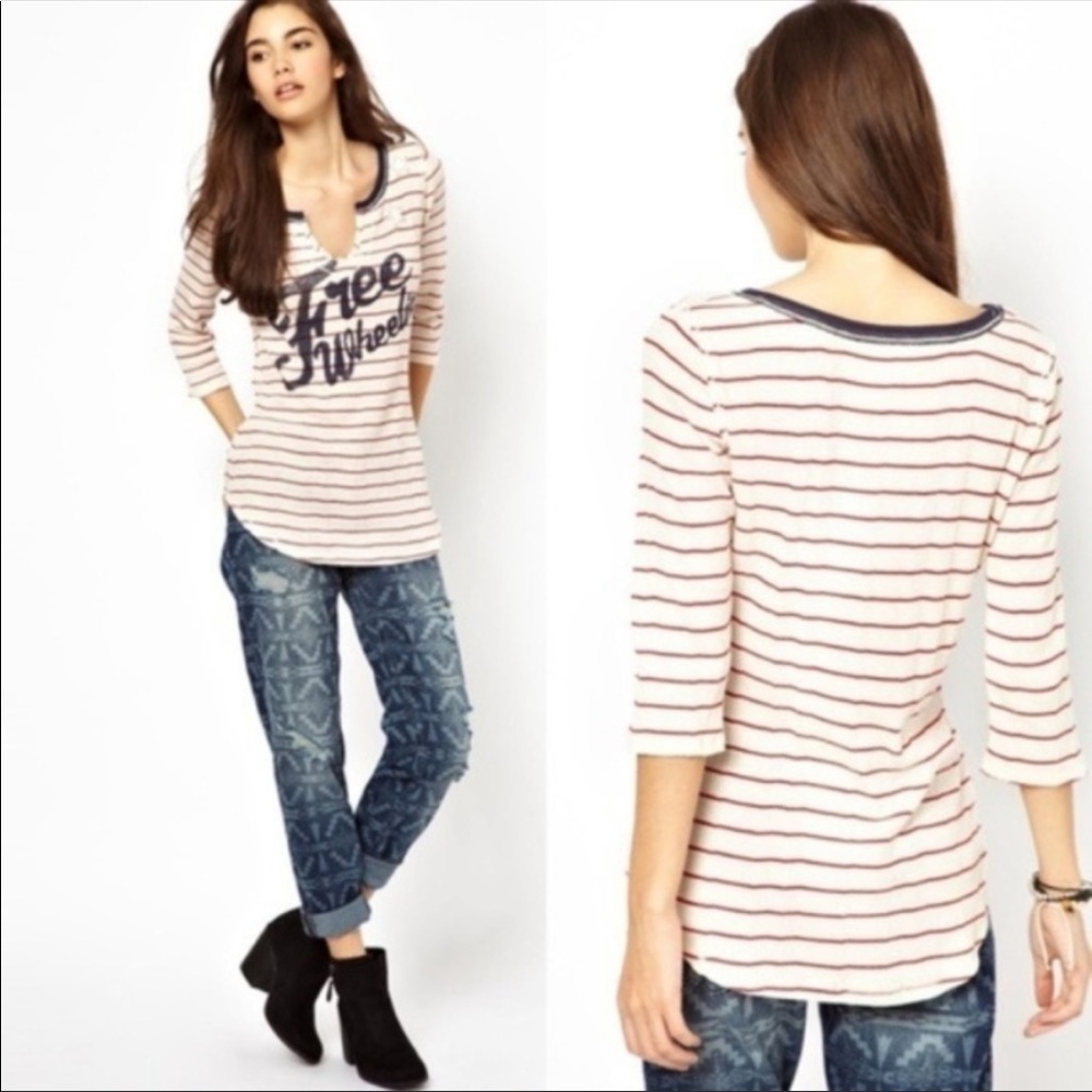 We The Free Cream Red Striped Free Wheeling 3/4 Sleeve Top